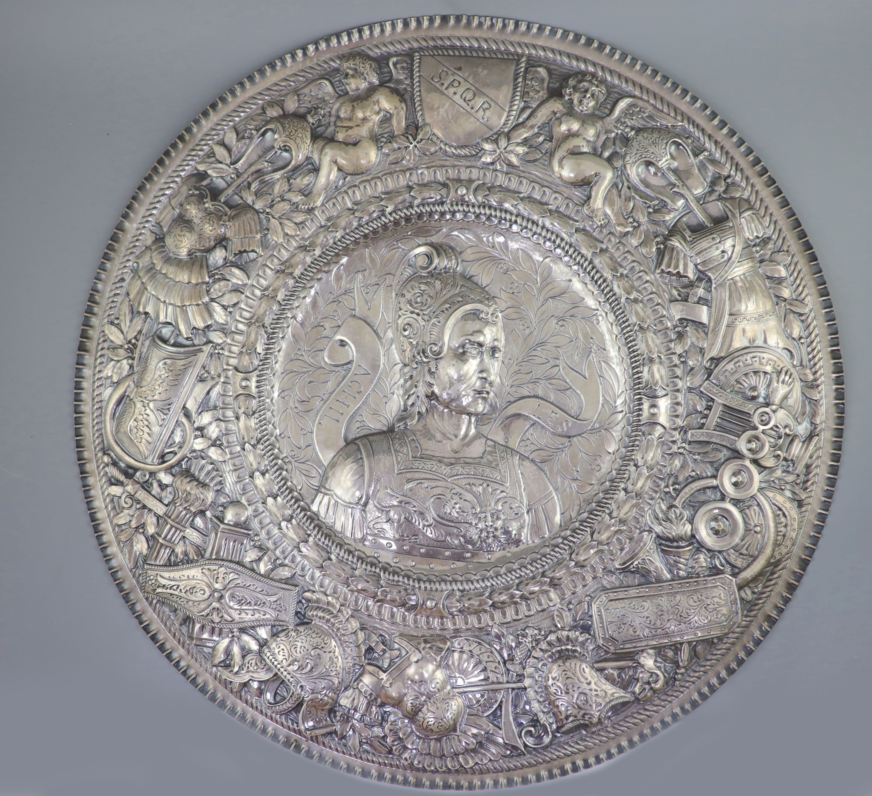 A large late 19th century Italian repousse 800 standard silver charger